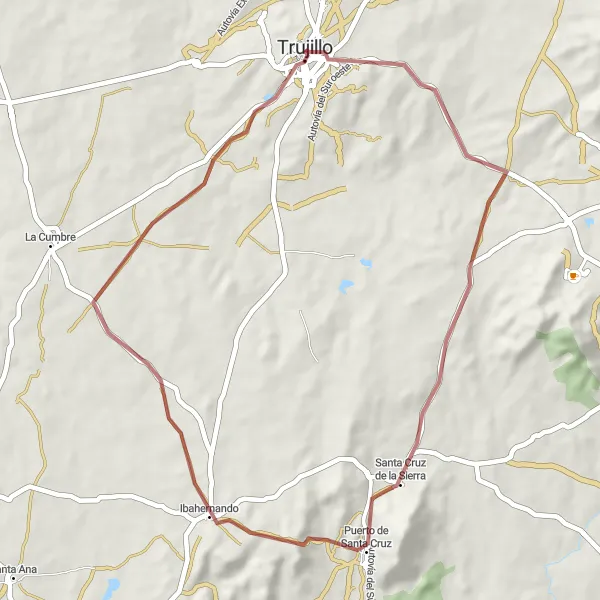 Miniatua del mapa de inspiración ciclista "Ruta de los Caminos de Grava" en Extremadura, Spain. Generado por Tarmacs.app planificador de rutas ciclistas