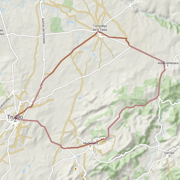 Miniatua del mapa de inspiración ciclista "Vuelta a la Dehesa Extremeña" en Extremadura, Spain. Generado por Tarmacs.app planificador de rutas ciclistas