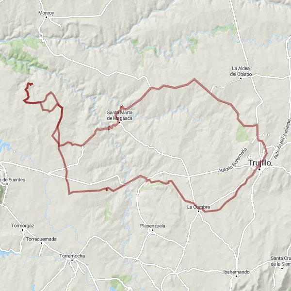 Miniatua del mapa de inspiración ciclista "Ruta de la Sierra de Santa Cruz" en Extremadura, Spain. Generado por Tarmacs.app planificador de rutas ciclistas