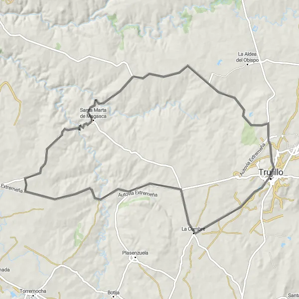 Map miniature of "Road trip to Trujillo's historical highlights" cycling inspiration in Extremadura, Spain. Generated by Tarmacs.app cycling route planner