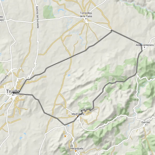 Miniatua del mapa de inspiración ciclista "Ruta de los Pueblos Históricos" en Extremadura, Spain. Generado por Tarmacs.app planificador de rutas ciclistas
