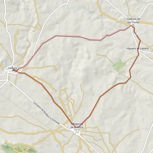 Miniatua del mapa de inspiración ciclista "Ruta de senderos desde Usagre hacia Villagarcía de la Torre" en Extremadura, Spain. Generado por Tarmacs.app planificador de rutas ciclistas