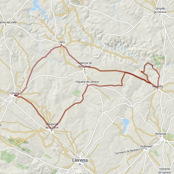 Miniatua del mapa de inspiración ciclista "Ruta de los Pueblos Blancos" en Extremadura, Spain. Generado por Tarmacs.app planificador de rutas ciclistas