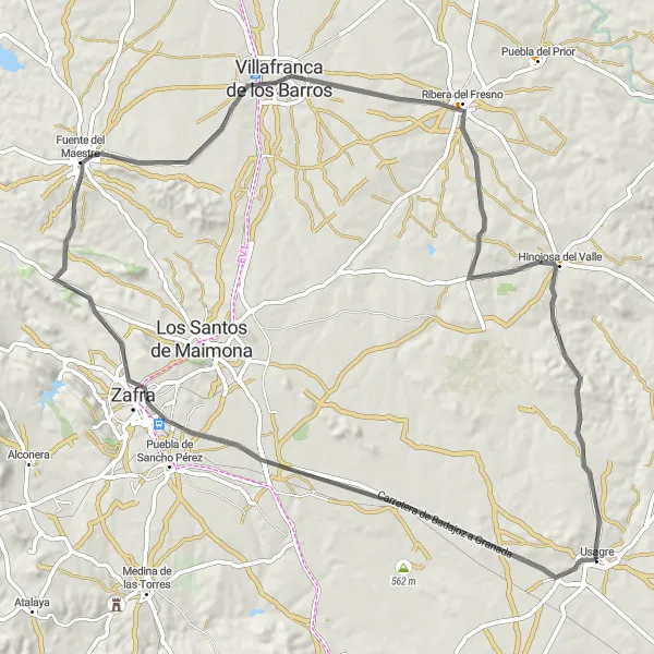 Miniatua del mapa de inspiración ciclista "Ruta en carretera desde Usagre" en Extremadura, Spain. Generado por Tarmacs.app planificador de rutas ciclistas