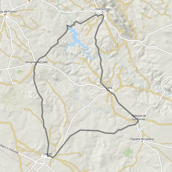 Miniatua del mapa de inspiración ciclista "Ruta en carretera desde Usagre hacia Valencia de las Torres" en Extremadura, Spain. Generado por Tarmacs.app planificador de rutas ciclistas