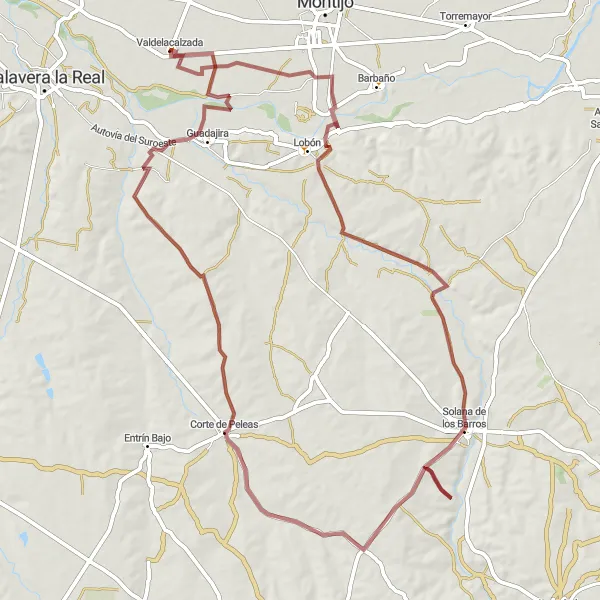 Miniatua del mapa de inspiración ciclista "Valdelacalzada-Lobón-Solana de los Barros-Corte de Peleas-Guadajira" en Extremadura, Spain. Generado por Tarmacs.app planificador de rutas ciclistas