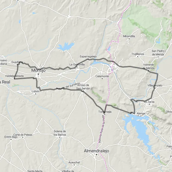 Miniatua del mapa de inspiración ciclista "Valdelacalzada-Guadiana-La Garrovilla-Valverde de Mérida-Villagonzalo-Torremejía-Arroyo de San Serván-Puebla de la Calzada" en Extremadura, Spain. Generado por Tarmacs.app planificador de rutas ciclistas