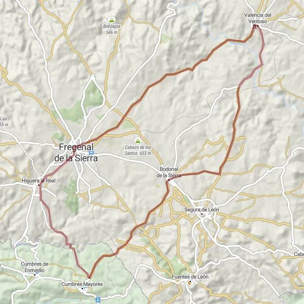 Map miniature of "Valencia del Ventoso Gravel Adventure" cycling inspiration in Extremadura, Spain. Generated by Tarmacs.app cycling route planner