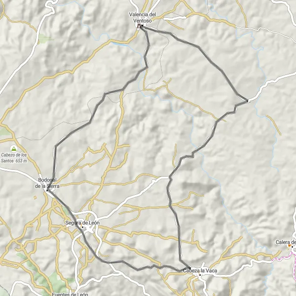 Map miniature of "Valencia del Ventoso Road Loop" cycling inspiration in Extremadura, Spain. Generated by Tarmacs.app cycling route planner