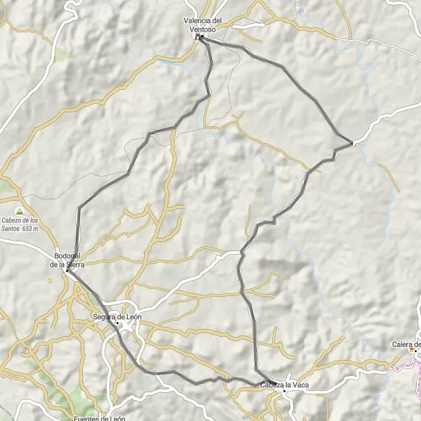 Map miniature of "Valencia del Ventoso Road Adventure" cycling inspiration in Extremadura, Spain. Generated by Tarmacs.app cycling route planner