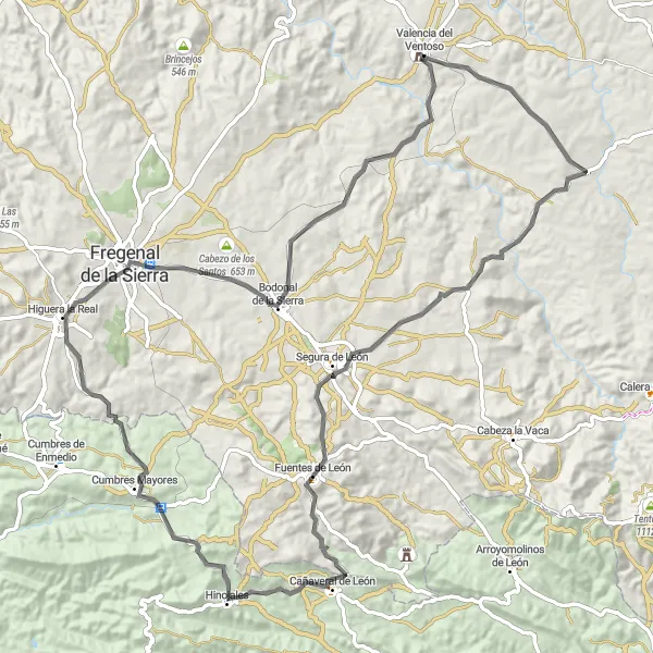 Map miniature of "Discovering the Sierra de Tentudía" cycling inspiration in Extremadura, Spain. Generated by Tarmacs.app cycling route planner