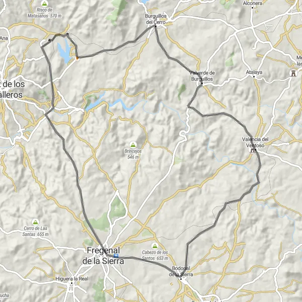 Map miniature of "Cycling the Fregenal Route" cycling inspiration in Extremadura, Spain. Generated by Tarmacs.app cycling route planner