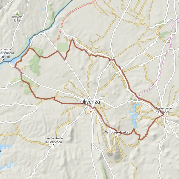 Map miniature of "Valverde de Leganés to San Jorge de Alor and Villarreal" cycling inspiration in Extremadura, Spain. Generated by Tarmacs.app cycling route planner