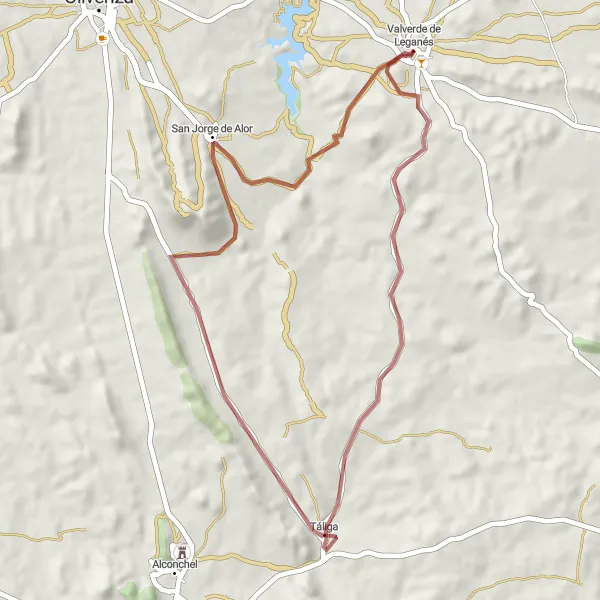 Map miniature of "Valverde de Leganés Gravel Adventure to San Jorge de Alor" cycling inspiration in Extremadura, Spain. Generated by Tarmacs.app cycling route planner