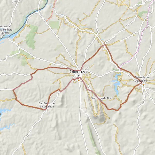 Map miniature of "Valverde de Leganés to San Jorge de Alor and Olivenza" cycling inspiration in Extremadura, Spain. Generated by Tarmacs.app cycling route planner