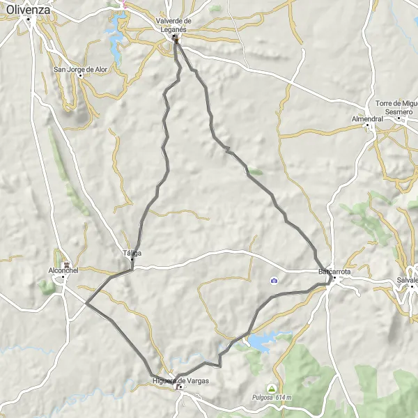 Map miniature of "Valverde de Leganés Dolmen La Lapita Road Cycling Route" cycling inspiration in Extremadura, Spain. Generated by Tarmacs.app cycling route planner