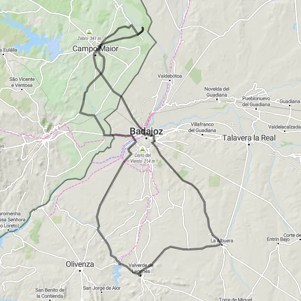 Map miniature of "Valverde de Leganés to La Albuera Epic Road Cycling Route" cycling inspiration in Extremadura, Spain. Generated by Tarmacs.app cycling route planner