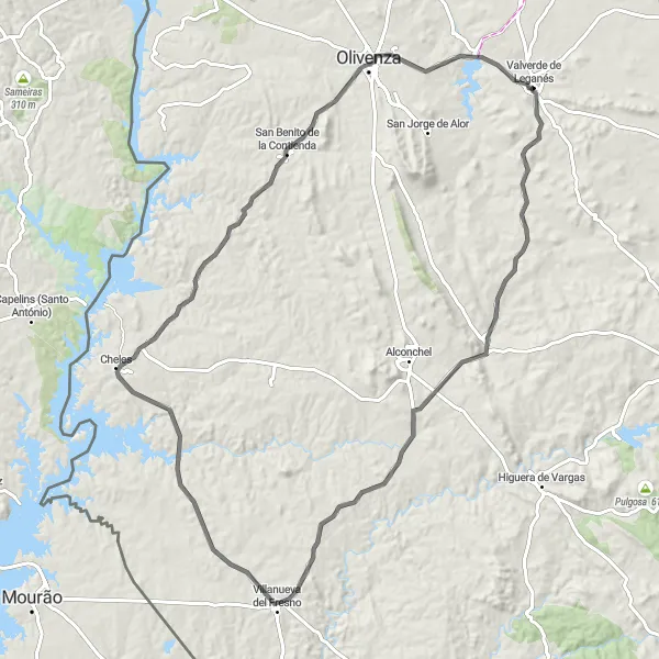Map miniature of "Valverde de Leganés to Táliga, Villanueva del Fresno, and Castillo de Olivenza" cycling inspiration in Extremadura, Spain. Generated by Tarmacs.app cycling route planner