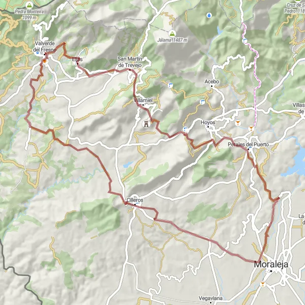 Miniatuurkaart van de fietsinspiratie "Valverde del Fresno - 75 km Grind route" in Extremadura, Spain. Gemaakt door de Tarmacs.app fietsrouteplanner