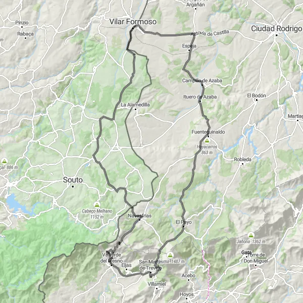 Miniaturekort af cykelinspirationen "Valverde del Fresno til San Martín de Trevejo (længere rute)" i Extremadura, Spain. Genereret af Tarmacs.app cykelruteplanlægger