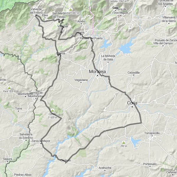 Miniatua del mapa de inspiración ciclista "Ruta de carretera a Villamiel y Zarza la Mayor" en Extremadura, Spain. Generado por Tarmacs.app planificador de rutas ciclistas