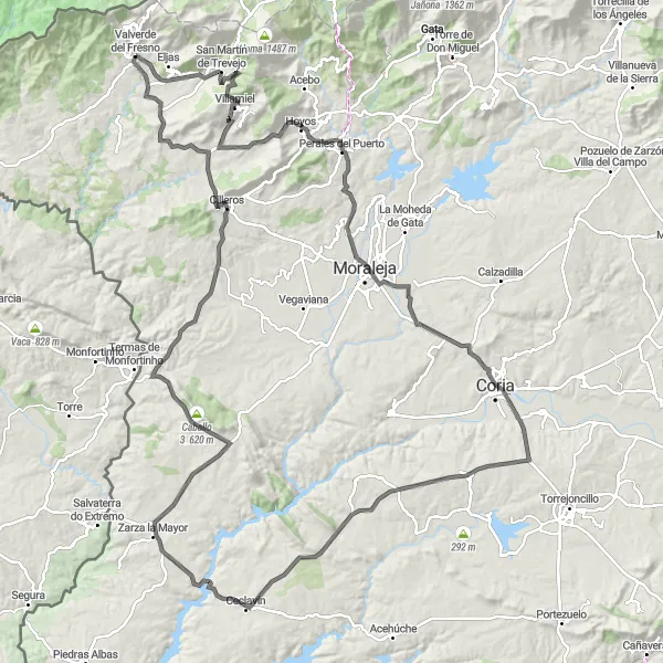 Map miniature of "Valley of the Aguas River - Villamiel" cycling inspiration in Extremadura, Spain. Generated by Tarmacs.app cycling route planner