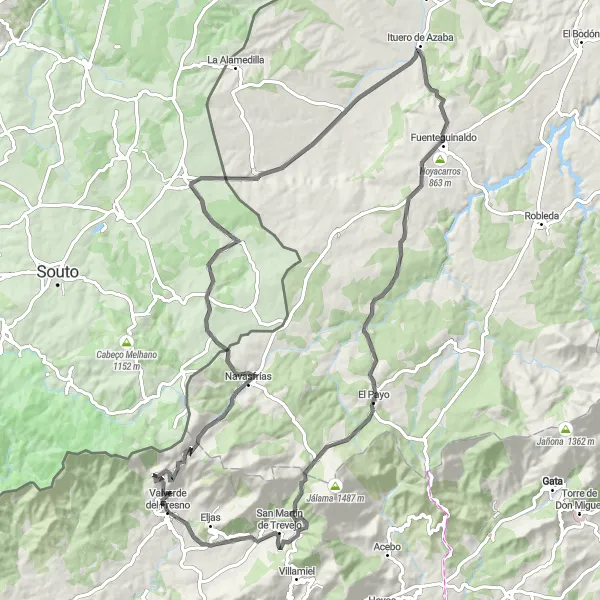 Miniatura mapy "Trasa Rowerowa Mezas - San Martín de Trevejo" - trasy rowerowej w Extremadura, Spain. Wygenerowane przez planer tras rowerowych Tarmacs.app