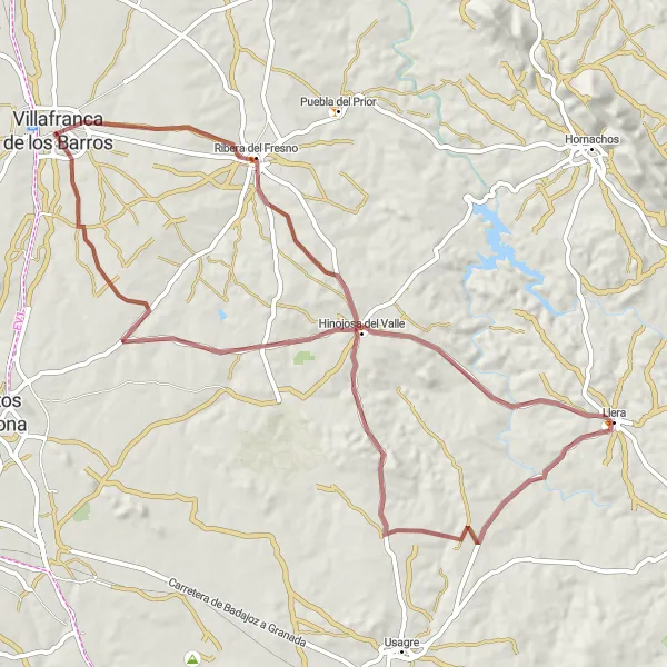 Miniatua del mapa de inspiración ciclista "Ruta de Grava por Ribera del Fresno" en Extremadura, Spain. Generado por Tarmacs.app planificador de rutas ciclistas