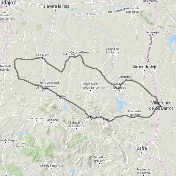 Miniatua del mapa de inspiración ciclista "Ruta de los Pueblos de la Tierra de Barros" en Extremadura, Spain. Generado por Tarmacs.app planificador de rutas ciclistas