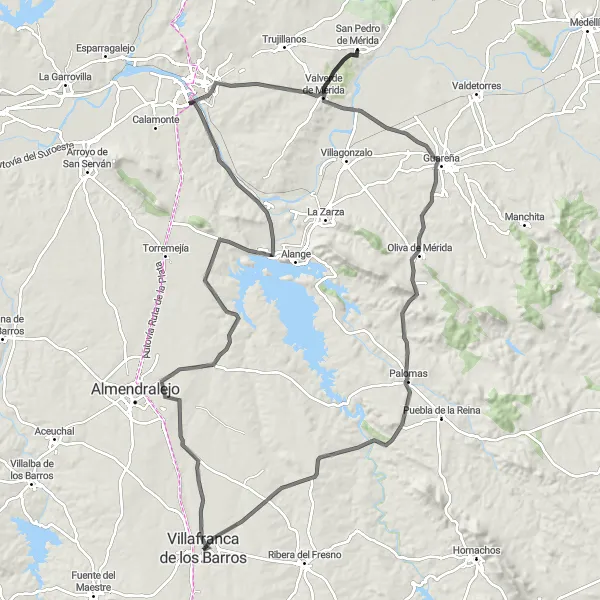 Miniatua del mapa de inspiración ciclista "Circuito en Carretera por Valverde de Mérida" en Extremadura, Spain. Generado por Tarmacs.app planificador de rutas ciclistas