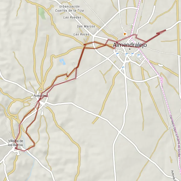 Map miniature of "Aceuchal Gravel Loop" cycling inspiration in Extremadura, Spain. Generated by Tarmacs.app cycling route planner