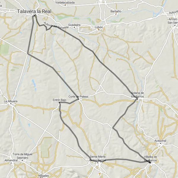 Miniatura mapy "Trasa Villalba de los Barros - Santa Marta de los Barros - Entrín Bajo - Talavera la Real - Solana de los Barros - Villalba de los Barros" - trasy rowerowej w Extremadura, Spain. Wygenerowane przez planer tras rowerowych Tarmacs.app