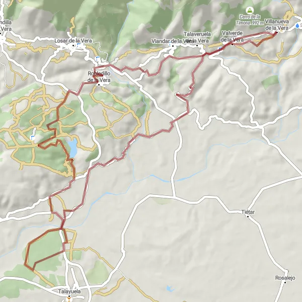 Miniatuurkaart van de fietsinspiratie "Gravelavontuur door de Vera-vallei" in Extremadura, Spain. Gemaakt door de Tarmacs.app fietsrouteplanner