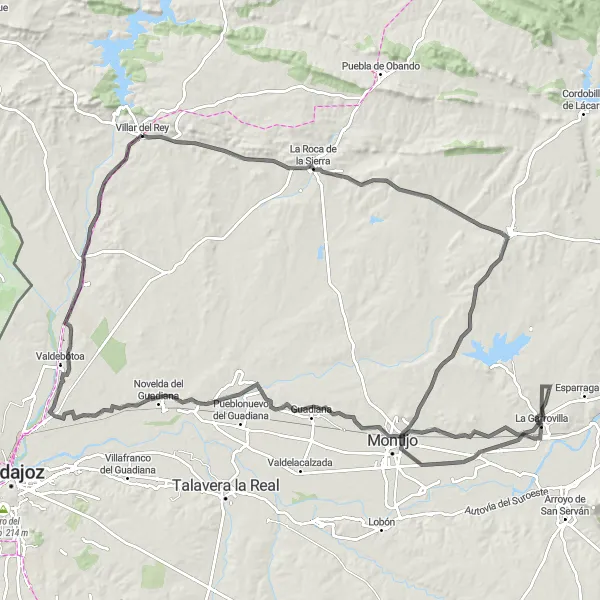 Miniatua del mapa de inspiración ciclista "Ruta de los Pueblos y las Sierras" en Extremadura, Spain. Generado por Tarmacs.app planificador de rutas ciclistas