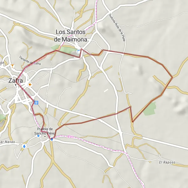 Miniatua del mapa de inspiración ciclista "Ruta de Grava por los Pueblos de Zafra" en Extremadura, Spain. Generado por Tarmacs.app planificador de rutas ciclistas