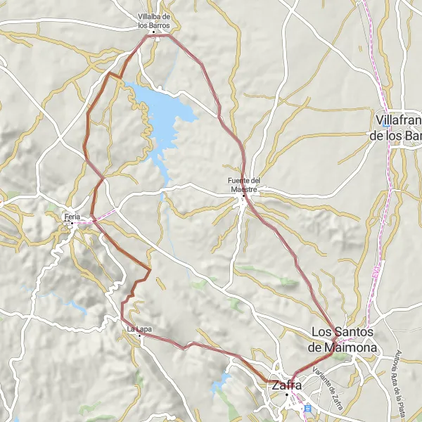 Miniatuurkaart van de fietsinspiratie "Ontdek Plaza Grande en Fuente del Maestre op deze gravelroute" in Extremadura, Spain. Gemaakt door de Tarmacs.app fietsrouteplanner