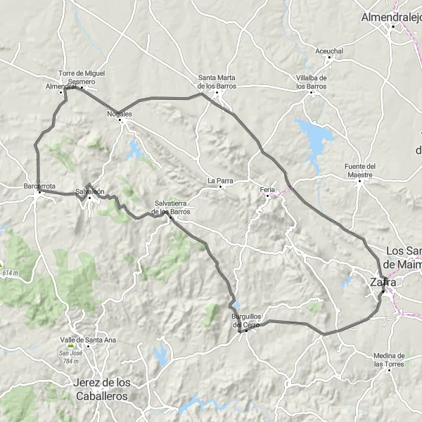 Miniatuurkaart van de fietsinspiratie "Unieke rit langs Burguillos del Cerro en Castillo de Nogales" in Extremadura, Spain. Gemaakt door de Tarmacs.app fietsrouteplanner