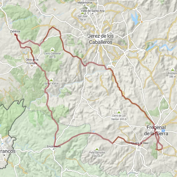 Miniatuurkaart van de fietsinspiratie "Het berglandschap van Fregenal de la Sierra" in Extremadura, Spain. Gemaakt door de Tarmacs.app fietsrouteplanner