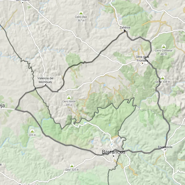 Miniatua del mapa de inspiración ciclista "Ruta de Zahinos a Oliva de la Frontera y Barrancos" en Extremadura, Spain. Generado por Tarmacs.app planificador de rutas ciclistas