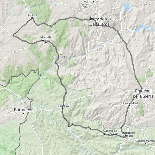 Miniatuurkaart van de fietsinspiratie "Heuvelachtige weg naar Zahinos" in Extremadura, Spain. Gemaakt door de Tarmacs.app fietsrouteplanner