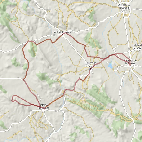 Miniatuurkaart van de fietsinspiratie "De Gravelroute van Zalamea de la Serena" in Extremadura, Spain. Gemaakt door de Tarmacs.app fietsrouteplanner