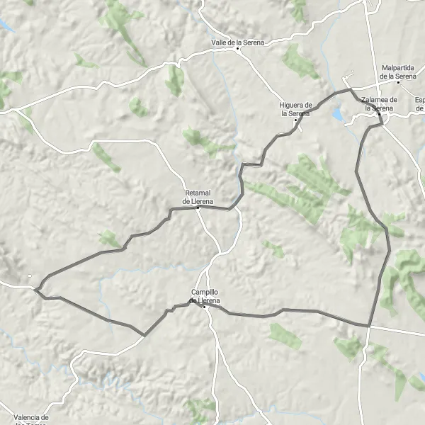 Miniatua del mapa de inspiración ciclista "Ruta en bicicleta de carretera cerca de Zalamea de la Serena" en Extremadura, Spain. Generado por Tarmacs.app planificador de rutas ciclistas