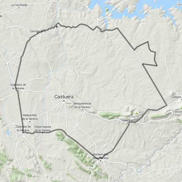 Miniatuurkaart van de fietsinspiratie "De Wegenroute van Zalamea de la Serena naar Castillo de Almorchón" in Extremadura, Spain. Gemaakt door de Tarmacs.app fietsrouteplanner