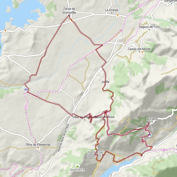 Miniatua del mapa de inspiración ciclista "Ruta de Ciclismo Gravel desde Zarza de Granadilla" en Extremadura, Spain. Generado por Tarmacs.app planificador de rutas ciclistas