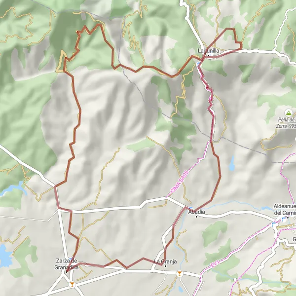 Miniatua del mapa de inspiración ciclista "Ruta en bicicleta de grava cerca de Zarza de Granadilla" en Extremadura, Spain. Generado por Tarmacs.app planificador de rutas ciclistas