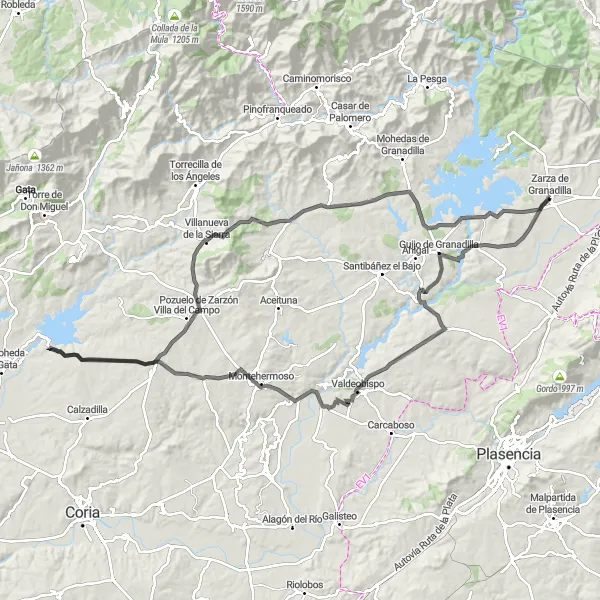 Miniatura mapy "Trasa rowerowa: Zarza de Granadilla - Guijo de Granadilla - Valdeobispo - Guijo de Galisteo - Pozuelo de Zarzón - Cerezo - Pantano de Gabriel y Galán" - trasy rowerowej w Extremadura, Spain. Wygenerowane przez planer tras rowerowych Tarmacs.app