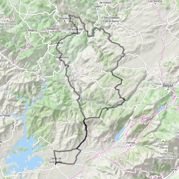 Miniatura mapy "Trasa rowerowa: Zarza de Granadilla - Valdelageve - La Junta - Cepeda - Villanueva del Conde - Cristóbal - Montemayor del Río - Lagunilla - La Granja" - trasy rowerowej w Extremadura, Spain. Wygenerowane przez planer tras rowerowych Tarmacs.app