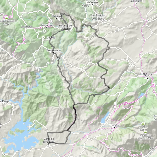 Map miniature of "Granadilla Round" cycling inspiration in Extremadura, Spain. Generated by Tarmacs.app cycling route planner