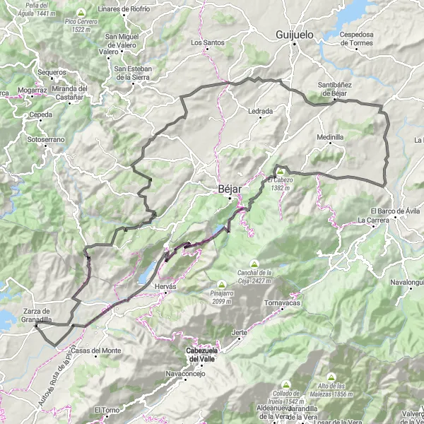 Miniatuurkaart van de fietsinspiratie "Fietsroute van Zarza de Granadilla" in Extremadura, Spain. Gemaakt door de Tarmacs.app fietsrouteplanner