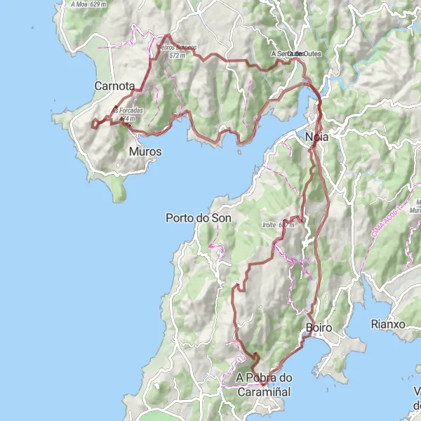 Miniatura della mappa di ispirazione al ciclismo "Avventura in mountain bike da A Pobra do Caramiñal" nella regione di Galicia, Spain. Generata da Tarmacs.app, pianificatore di rotte ciclistiche
